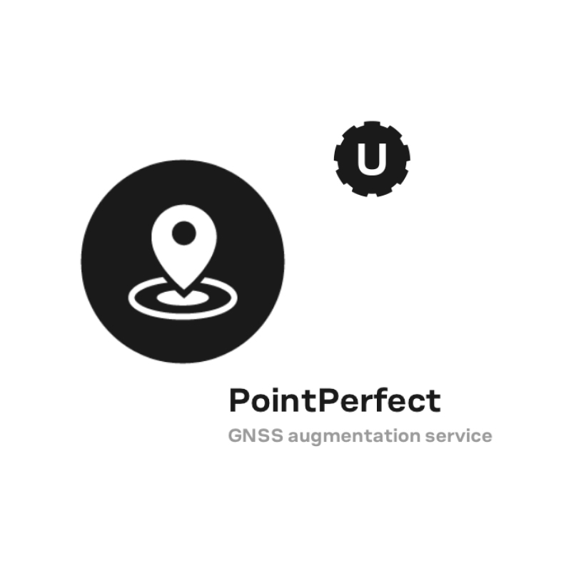 Logo en noir et blanc pour "PointPerfect GNSS augmentation service" comprenant une icône d'épingle de carte et un symbole en forme d'engrenage avec la lettre "U".