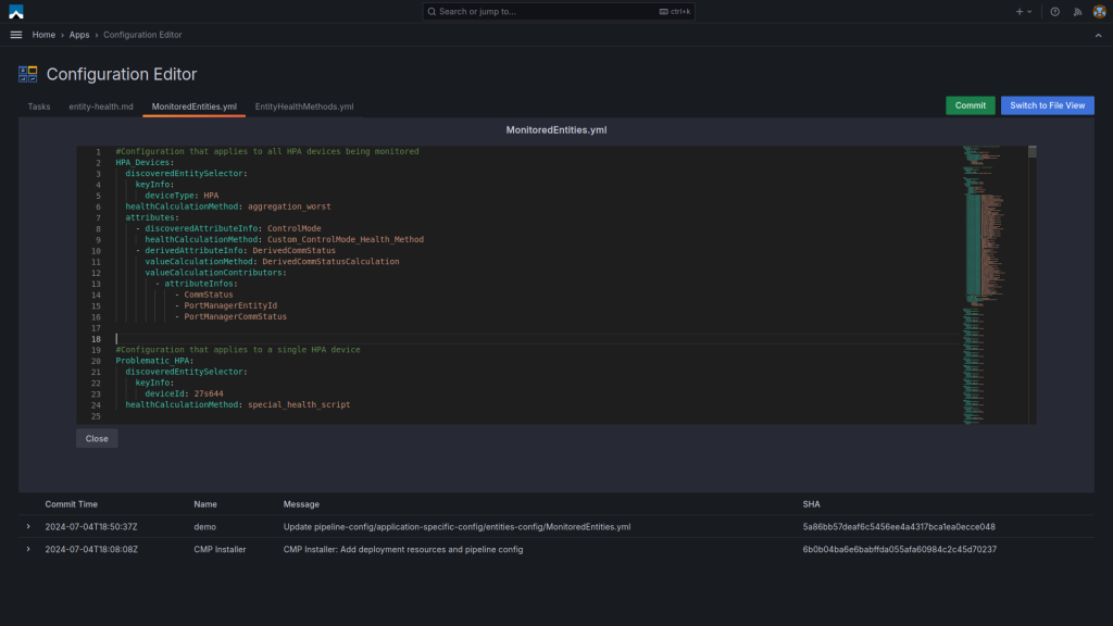 Configuration Editor interface showing YAML configuration details for MotionWebEntities.yml. Bottom section displays a log with timestamps, users, messages, and SHA identification numbers for commits.