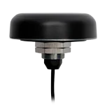 A black dome-shaped antenna with a metal base and a black cable extending downward.