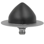 A black, cone-shaped metal object with a flat circular base and a cylindrical connector underneath, set against a plain white background.