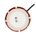 Top view of a round red and white device with a cable attached, featuring two circular components at its center and white indicators around the edge.