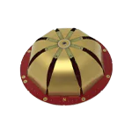 A gold and red metallic dome with geometric shapes and circular details on a flat base.