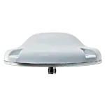 A small, round, metallic object with a smooth surface, resembling a classic flying saucer design, shown from the front view.