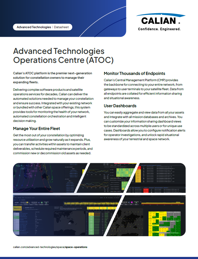 Une fiche technique pour le Centre d'opérations des technologies avancées (ATOC) de Calian comprenant un texte descriptif, la marque de l'entreprise et plusieurs captures d'écran de l'interface.