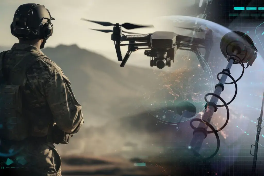 A soldier in camouflage stands outdoors while a drone and digital network graphics depict modern military technology and global surveillance.