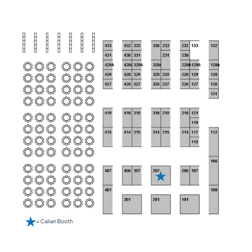 Diagram of a convention floor plan with numbered booths and round tables; booth 207 is marked with a blue star. A blue star also appears near the bottom left labeled "Calian Booth.