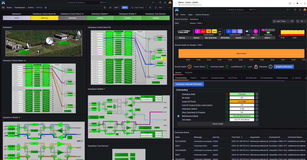 Computer screen displaying network monitoring dashboards with status diagrams, system health indicators, satellite images, and real-time communication channel data.