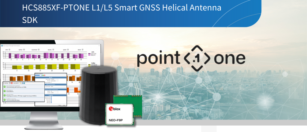 A computer monitor displaying data, a black cylindrical device, and a green circuit board labeled "u-blox NEO-F9P" in front of a cityscape with "point one" logo and GNSS antenna SDK text.