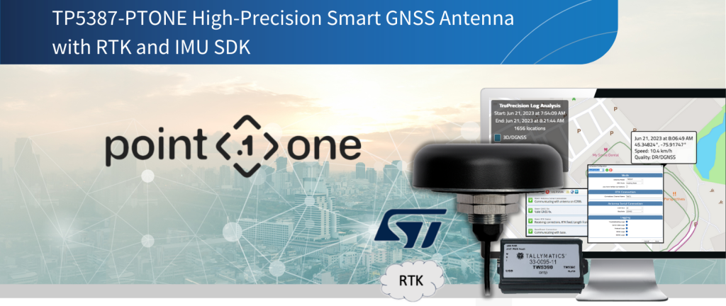 Promotional graphic for TP5387-PTONE high-precision smart GNSS antenna with RTK and IMU SDK, featuring product image, software screenshots, and company logos.