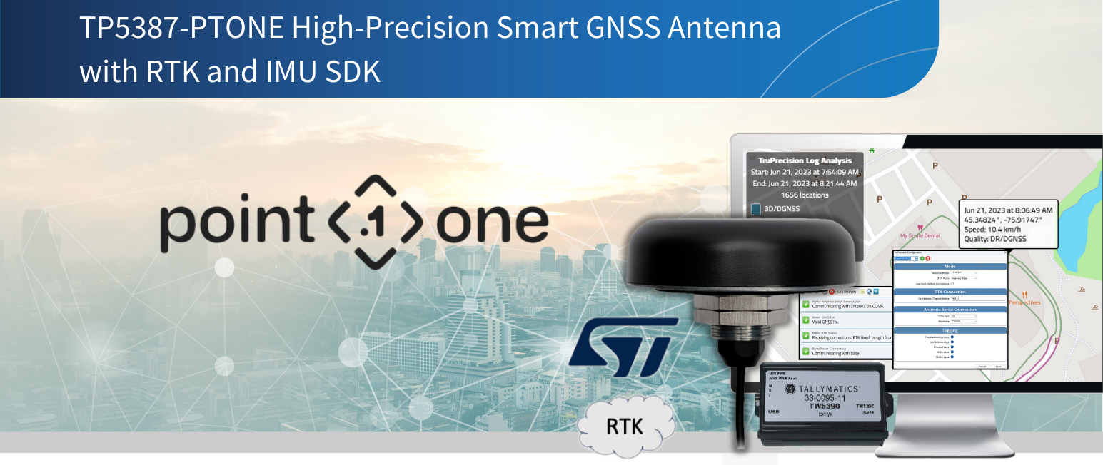 Promotional graphic for TP5387-PTONE high-precision smart GNSS antenna with RTK and IMU SDK, featuring product image, software screenshots, and company logos.