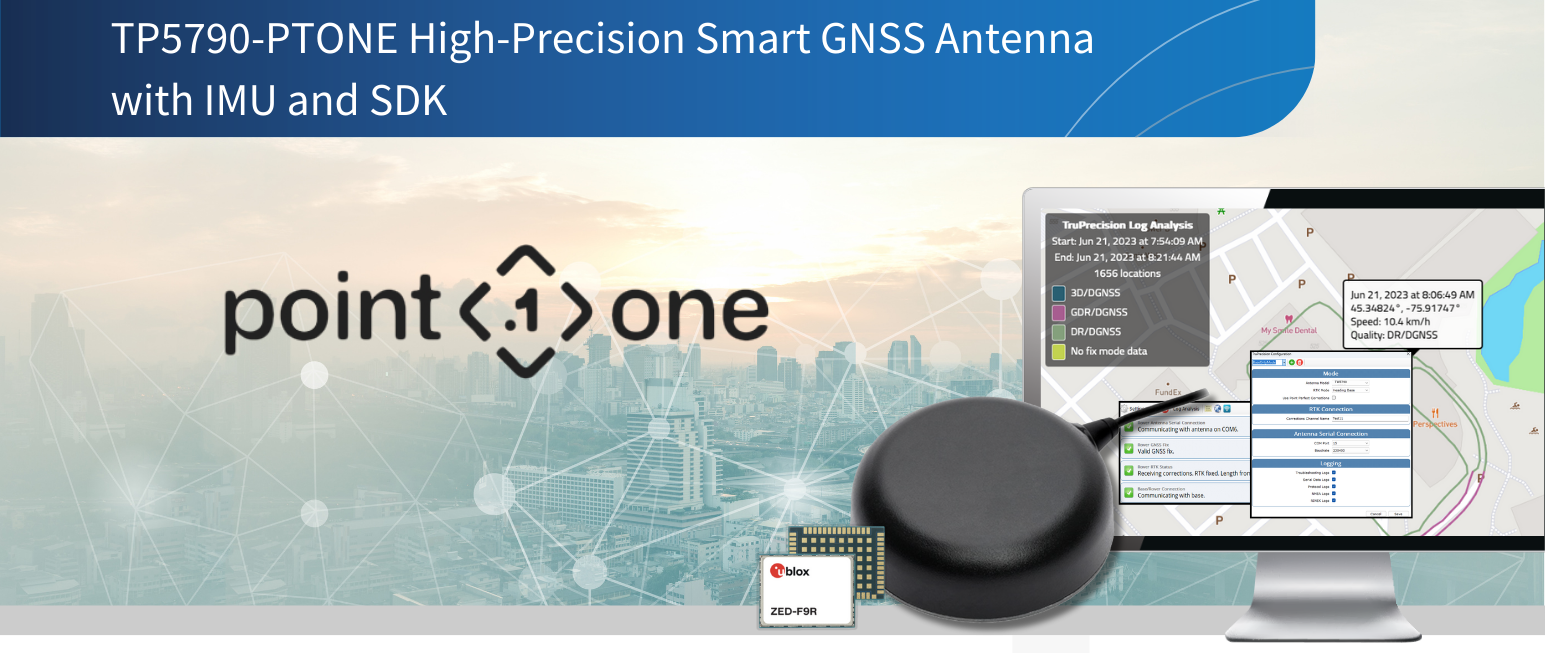 Promotional image for the TP5790-PTONE High-Precision Smart GNSS Antenna, featuring hardware, software interface, and the Point One logo.