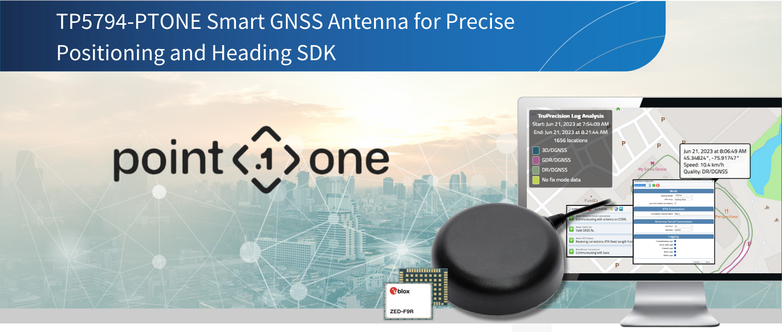 Promotional banner showing a GNSS antenna, chip, and computer screen displaying a positioning dashboard for the TP5794-PTONE Smart GNSS Antenna by Point One.