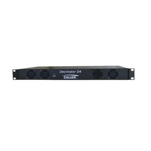 Front view of a Gallan Decimator D4 audio equipment rack unit with vents and a power button.