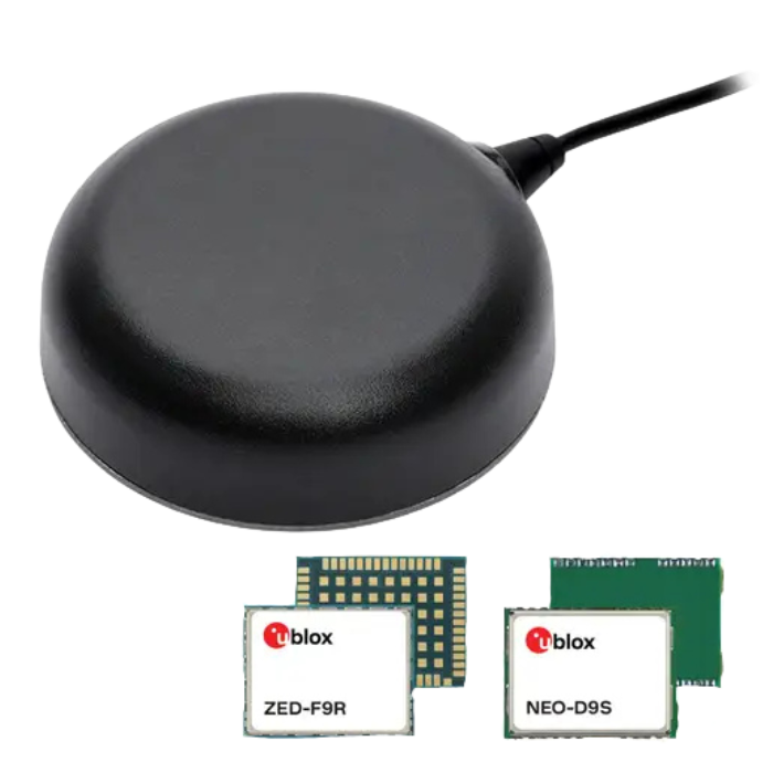 A black, round GNSS antenna with a cable, shown above two small u-blox GNSS modules labeled ZED-F9R and NEO-D9S.