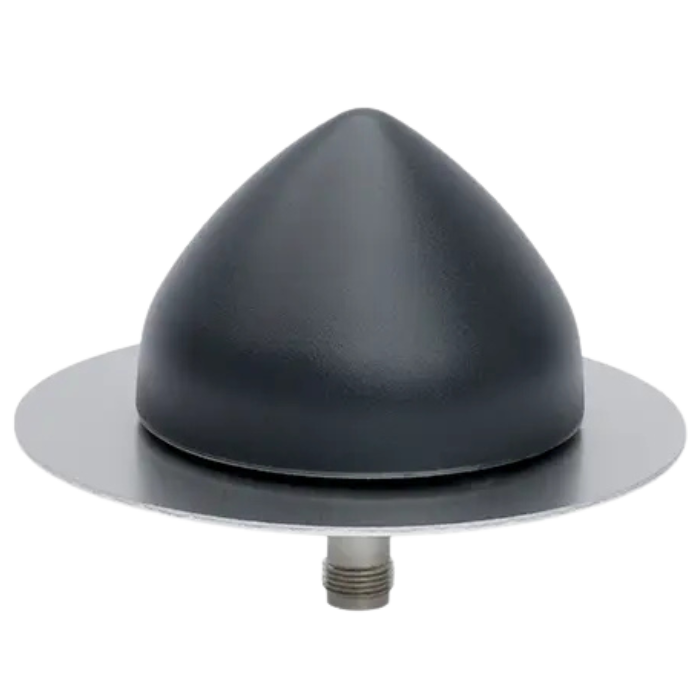 A black, dome-shaped roof lightning rod with a circular base and a threaded connector at the bottom.