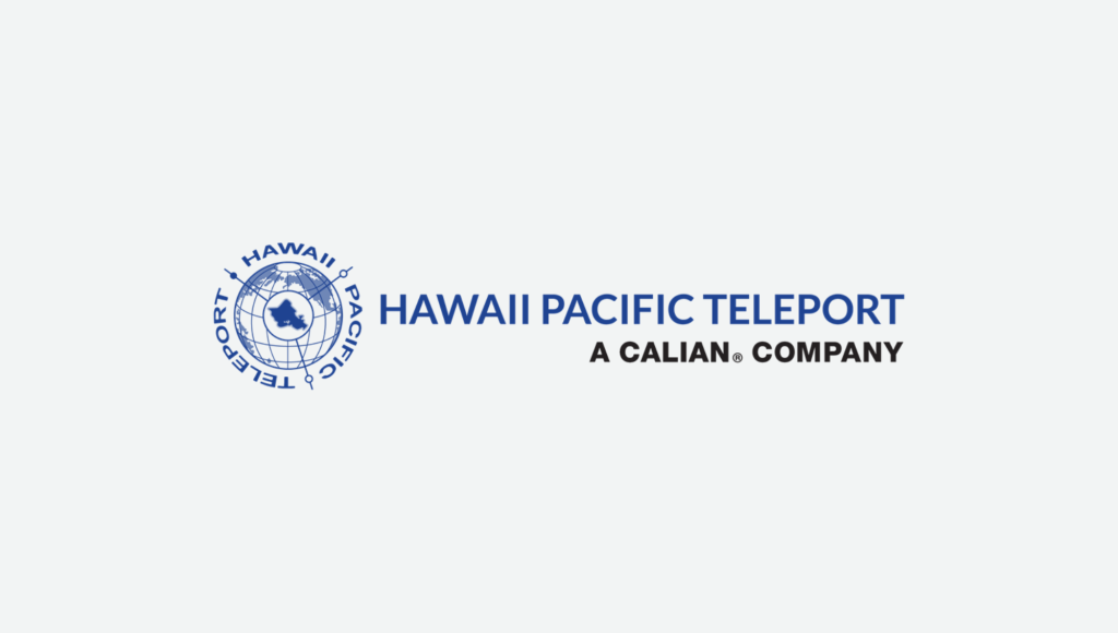 Logo of Hawaii Pacific Teleport, a Calian company, featuring a globe design with blue text on a white background.