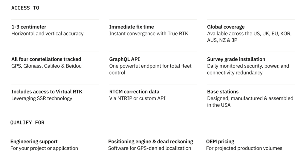 Grid of service features for GPS solutions, detailing access to RTK accuracy, global and constellation coverage, APIs, correction data, and support for engineering, positioning, and OEM pricing.