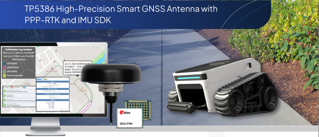A computer displaying a map, a GNSS antenna, a microchip, and a tracked robot are shown, illustrating smart positioning technology for navigation and geolocation applications.