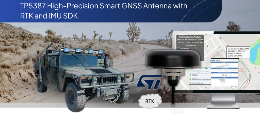 A military vehicle drives on a desert road next to a GNSS antenna, RTK label, ST logo, and a computer screen displaying a map and location data.