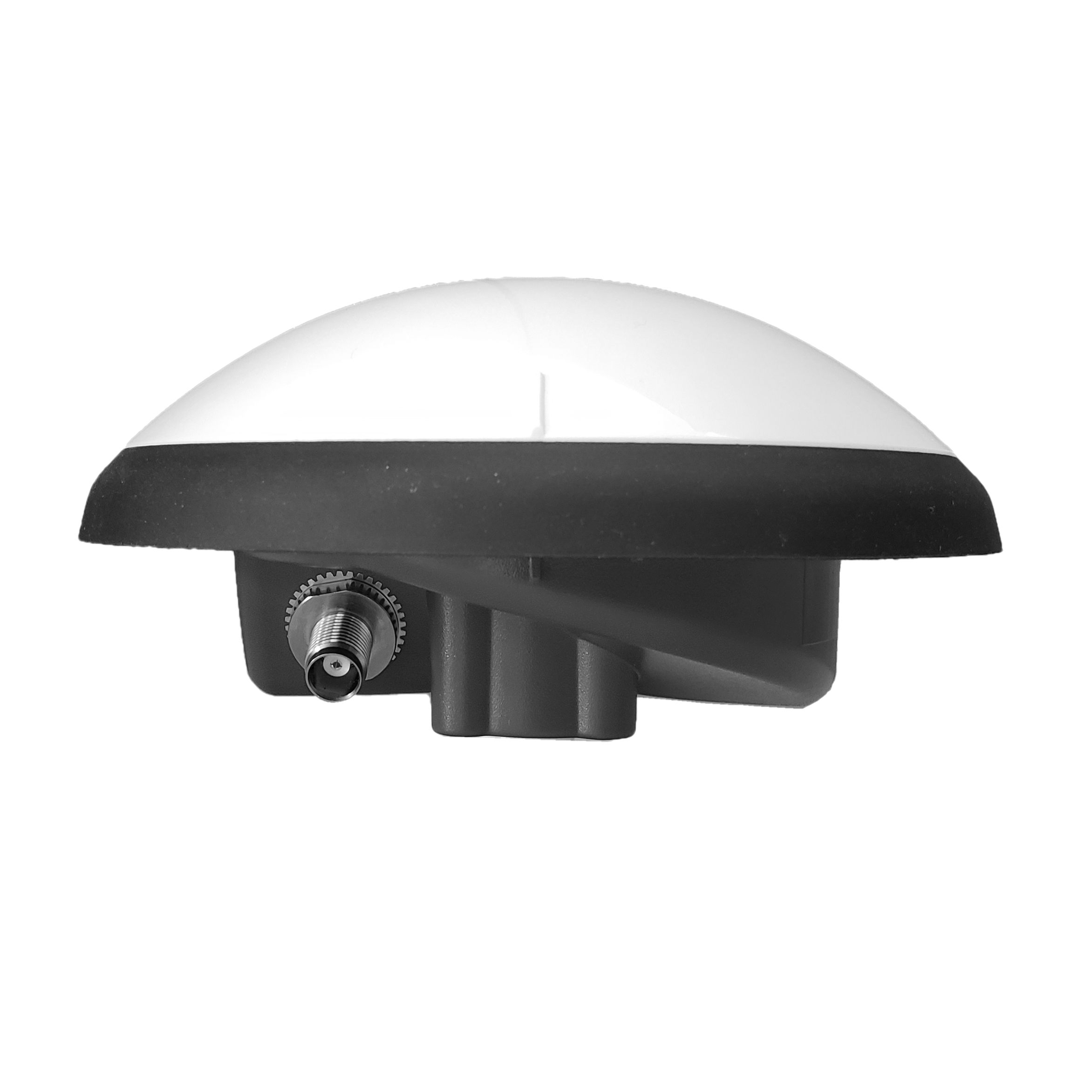 A dome-shaped GPS antenna with a white top, black middle, and red base, featuring a coaxial connector on the side, isolated on a white background.