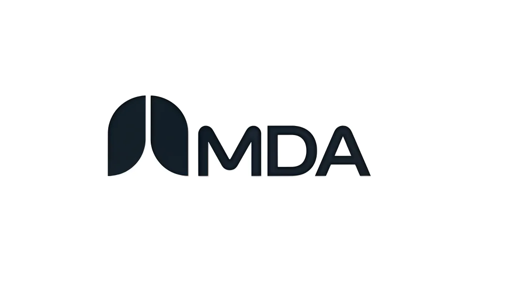 The image shows the letters "MDA" next to a stylized icon resembling a pair of human lungs, all in dark blue on a white background.