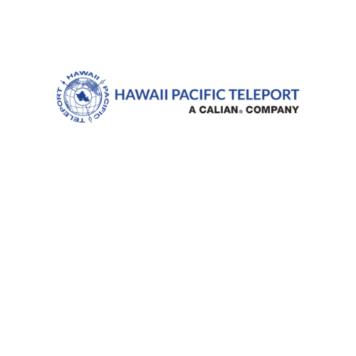 The logo for Hawaii Pacific Teleport, a Calian company, featuring a blue globe with satellite orbits and text to the right.
