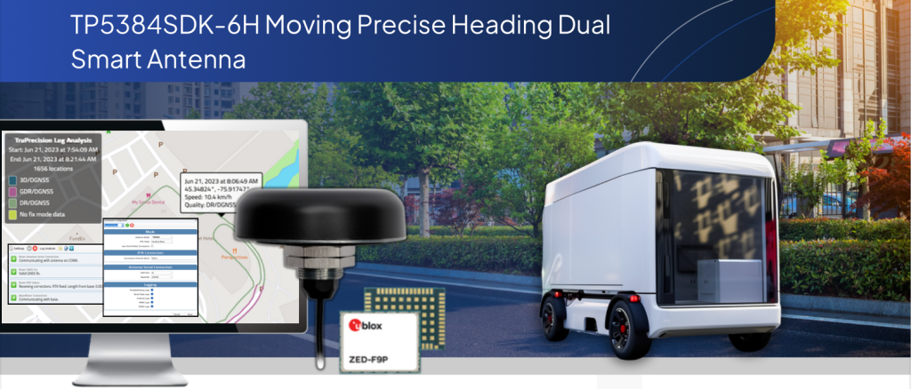 A computer monitor displays mapping software beside a dual smart antenna device and a circuit chip, with an autonomous delivery vehicle in an urban setting.
