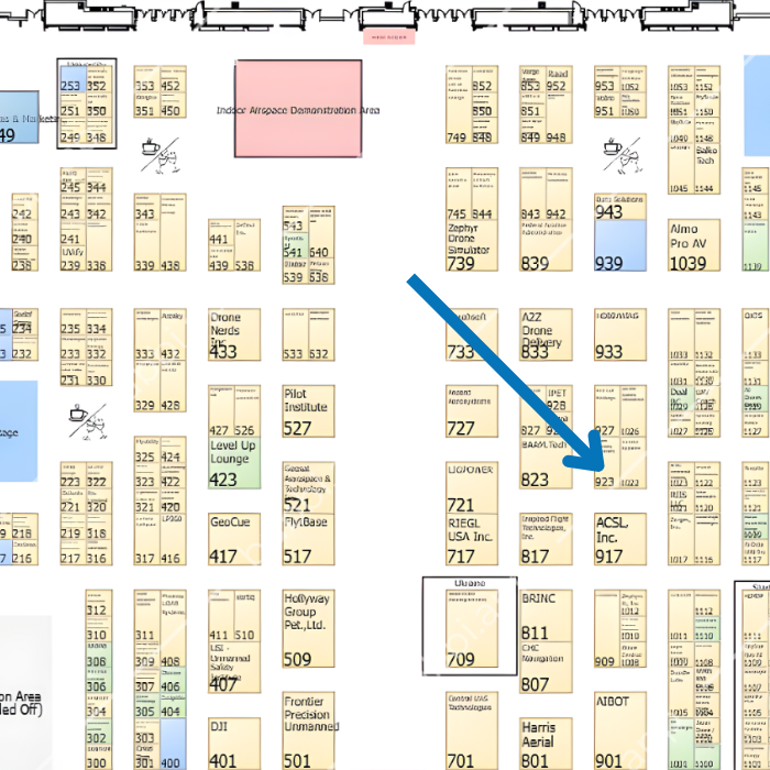 Expo floor map with numbered booth spaces; a large blue arrow points to booth 823 labeled "Ligonn/REIGL USA, Inc." in the center-right area.