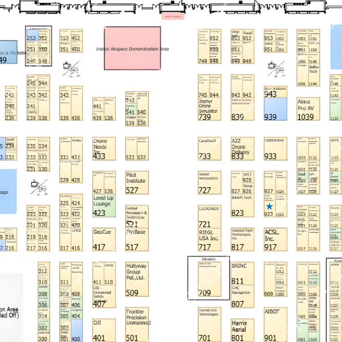 Plan d'un salon professionnel montrant les stands numérotés des exposants, les allées et une zone étiquetée "Zone de démonstration de l'espace aérien intérieur" en haut au centre.