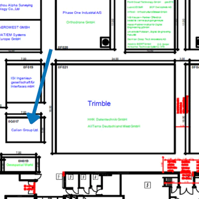 A blue arrow points to the booth labeled "Calian Group Ltd." on a floor plan map featuring various company booth locations and names.