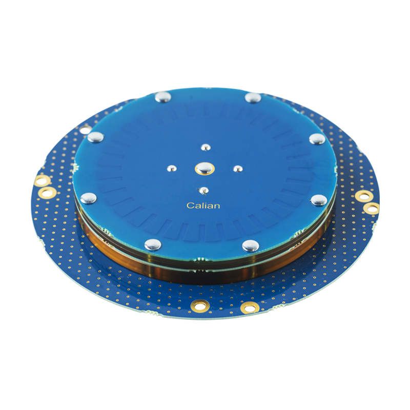 Circular blue electronic sensor or component with metallic contacts and a labeled "Calian" brand, mounted on a patterned circuit board, shown on a white background.