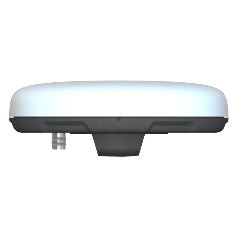 A white and black flat, rectangular electronic device with a rounded top and two metal connector ports on the side, viewed from the front against a plain background.