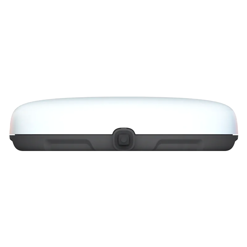 A white, rectangular rooftop cargo box with a black base, viewed from the front against a plain background.