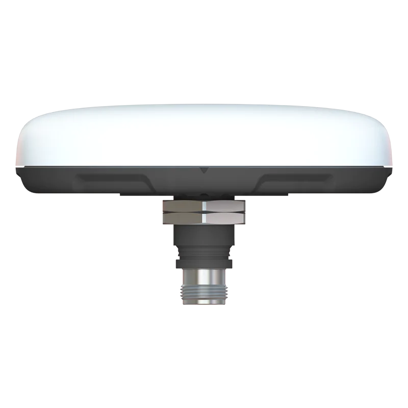 A close-up view of a white, oval-shaped electronic device with a central metallic connector on the bottom, shown against a plain background.