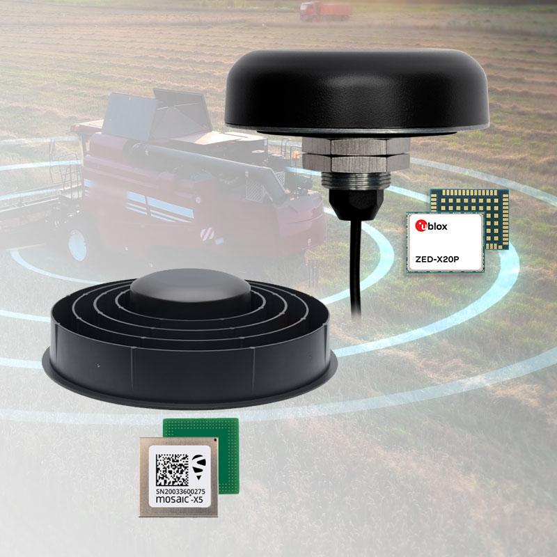 A composite image showing GPS antennas and positioning modules overlaid on a field with an agricultural vehicle in the background.