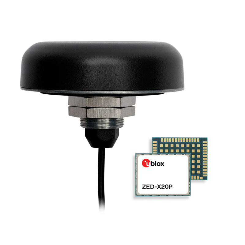 Black dome-shaped antenna with a cable, metal mounting base, and two small electronic components labeled "u-blox ZED-X20P.