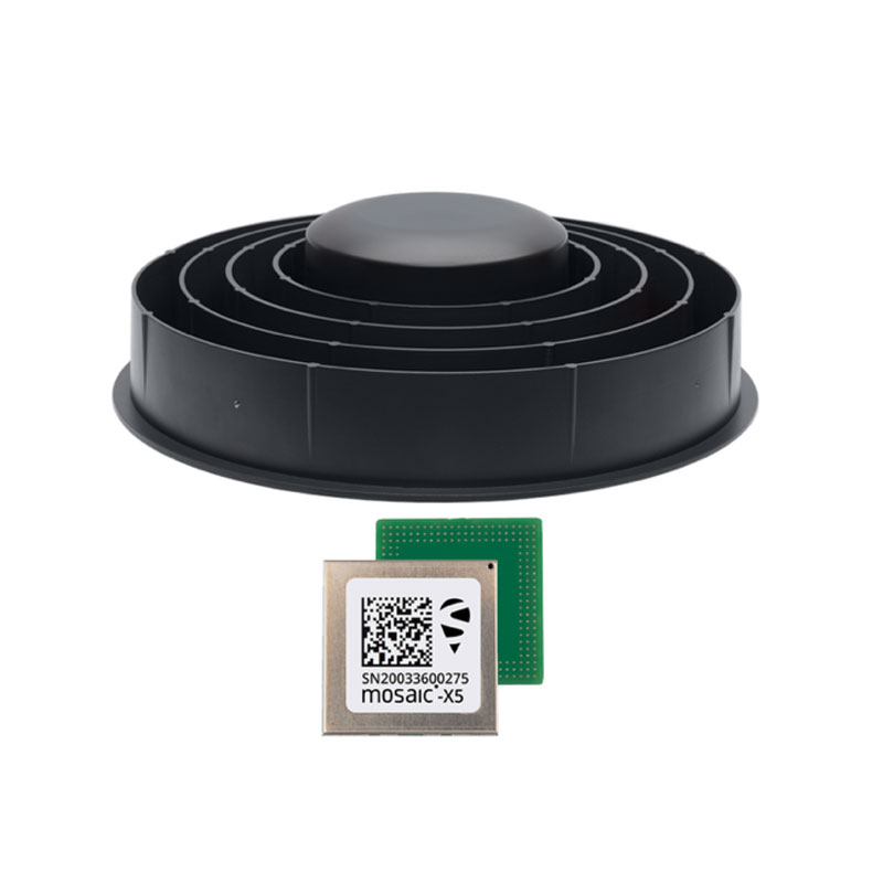 A black circular GNSS antenna with tiered rings is shown behind a small mosaic-X5 GNSS receiver module with a QR code and label.