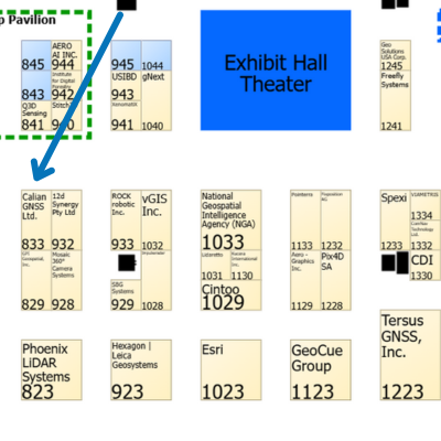 Section of an exhibit hall map with a blue arrow pointing to the "Calian GNSS" booth, labeled 833, among other surrounding booths and company names.