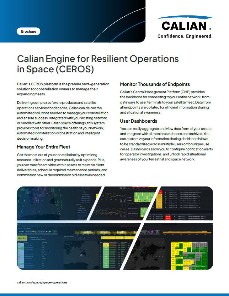 A datasheet for Calian’s Space Operations Centre (ATOC) featuring descriptive text, company branding, and several interface screenshots.