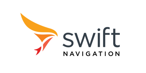 Logo for Swift Navigation featuring an abstract orange and red wing design to the left of the word "swift" in lowercase, above the word "NAVIGATION" in uppercase letters.