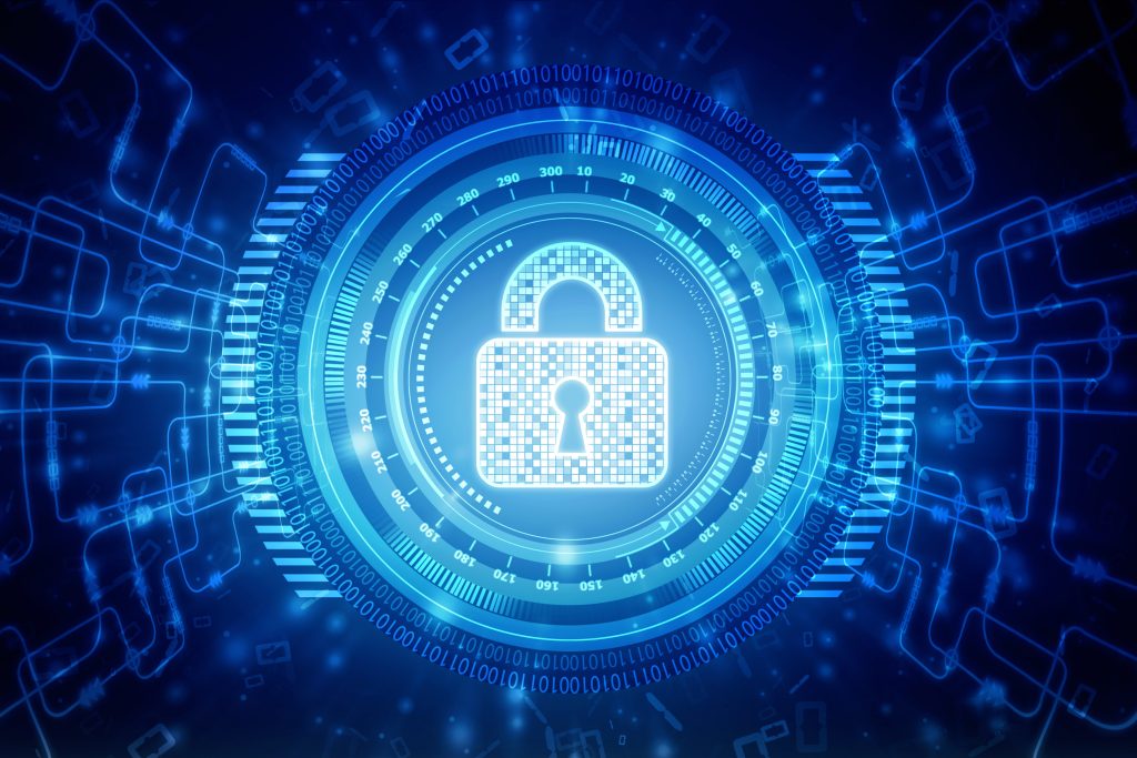Icône de cadenas numérique représentant la cybersécurité sur un fond de code binaire et d'éléments de haute technologie.