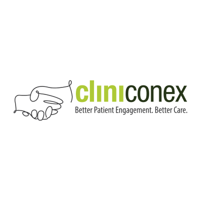 Logo of cliniconex featuring a handshake graphic and the slogan "better patient engagement. better care.