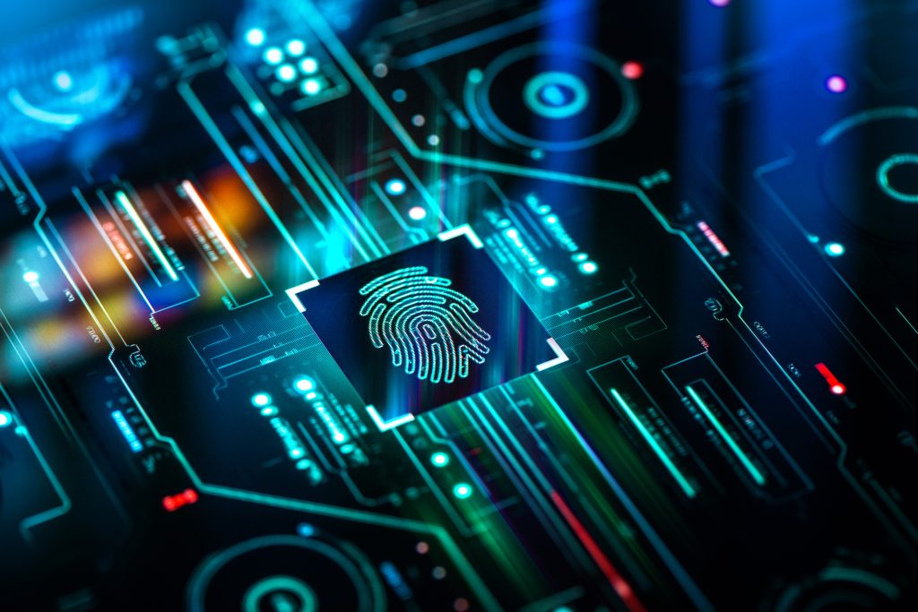 Icône d'empreinte digitale sur un circuit imprimé numérique représentant la technologie de sécurité biométrique.