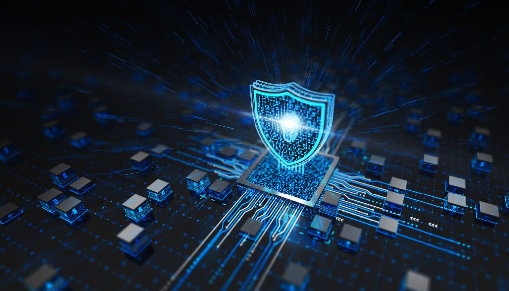 Bouclier numérique symbolisant la cybersécurité sur une carte mère d'ordinateur.