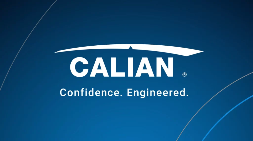 Corporate logo of calian with the tagline "confidence. engineered." on a blue background.
