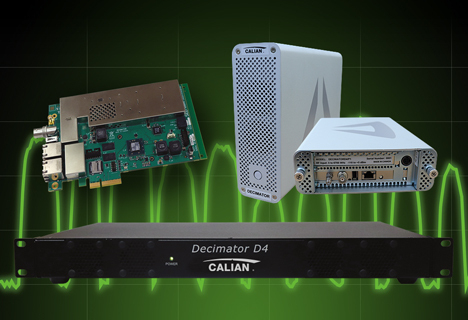 Image showing four electronic devices with the brand name "CALIAN". They include a Decimator D4, a circuit board, a metal box device, and a white decimator unit, set against a green waveform background.