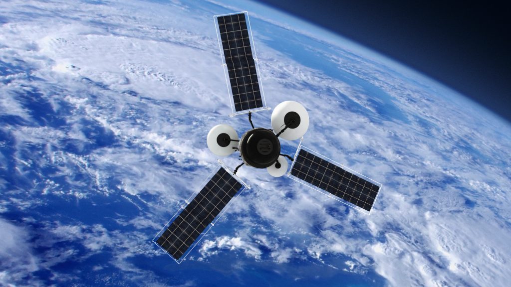 A satellite with four solar panels orbits Earth, with the planet's blue oceans and white clouds visible in the background.