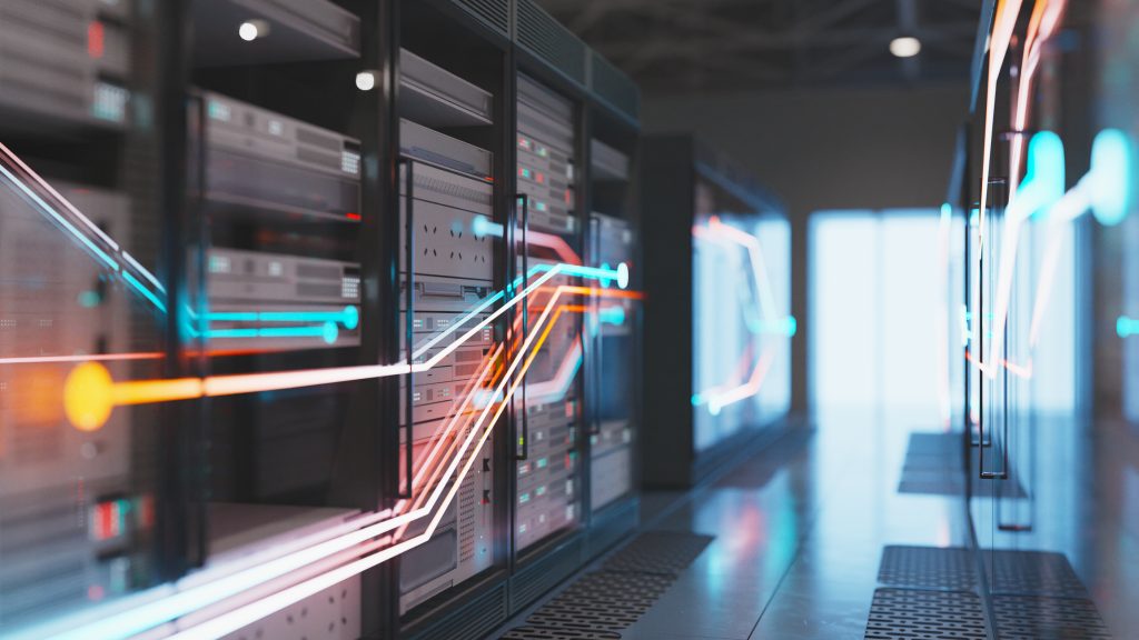 A modern server room with several rows of server racks. Colorful lights and lines are superimposed, suggesting data flow. The background is out of focus, highlighting the technology infrastructure.