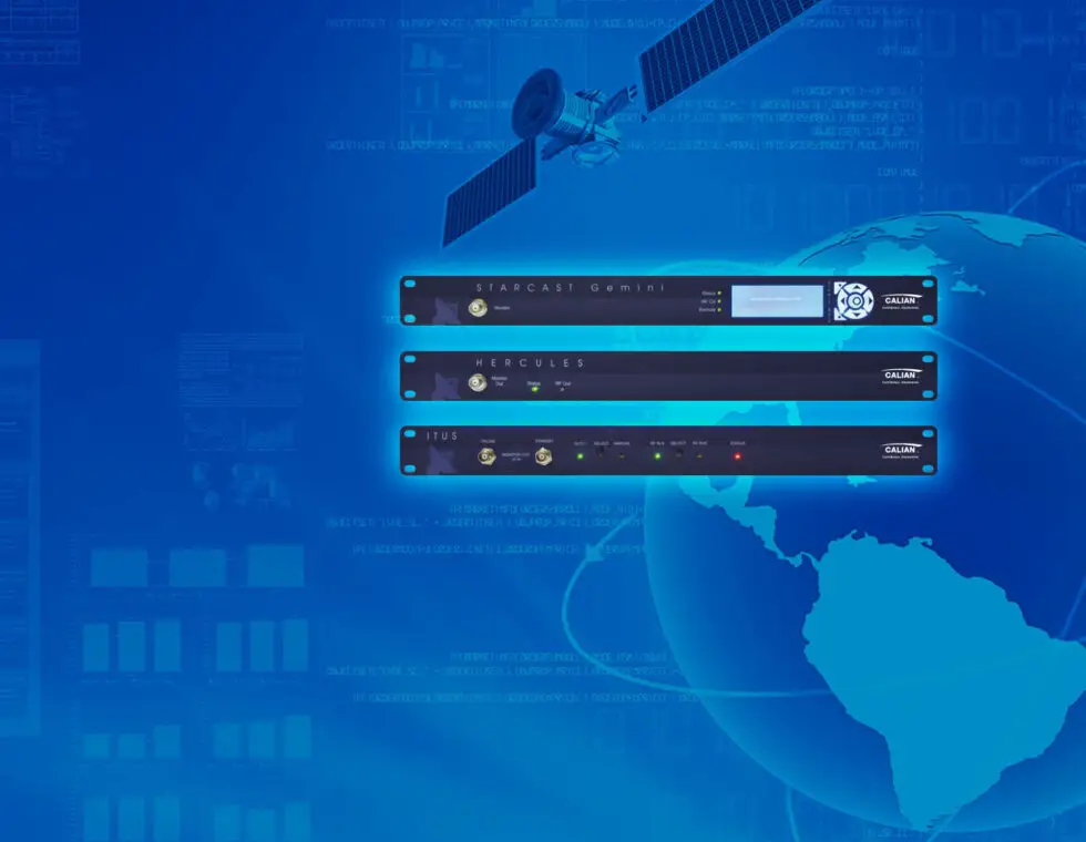 Image of three electronic rack-mounted devices labeled "Starcast Omnis," "Hercules," and "Titus" on a blue background with a satellite and a digital illustration of Earth.