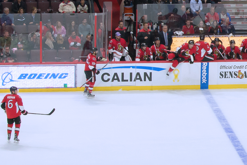 Hockey players in red jerseys enter and exit the players' bench during a game, with spectators watching from the stands in the background.